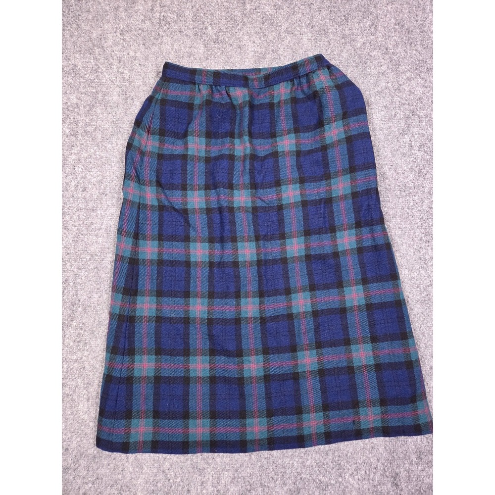 Vintage Pendleton Plaid Skirt Womens 28 Blue Green Pink Pure Virgin Wool A-Line